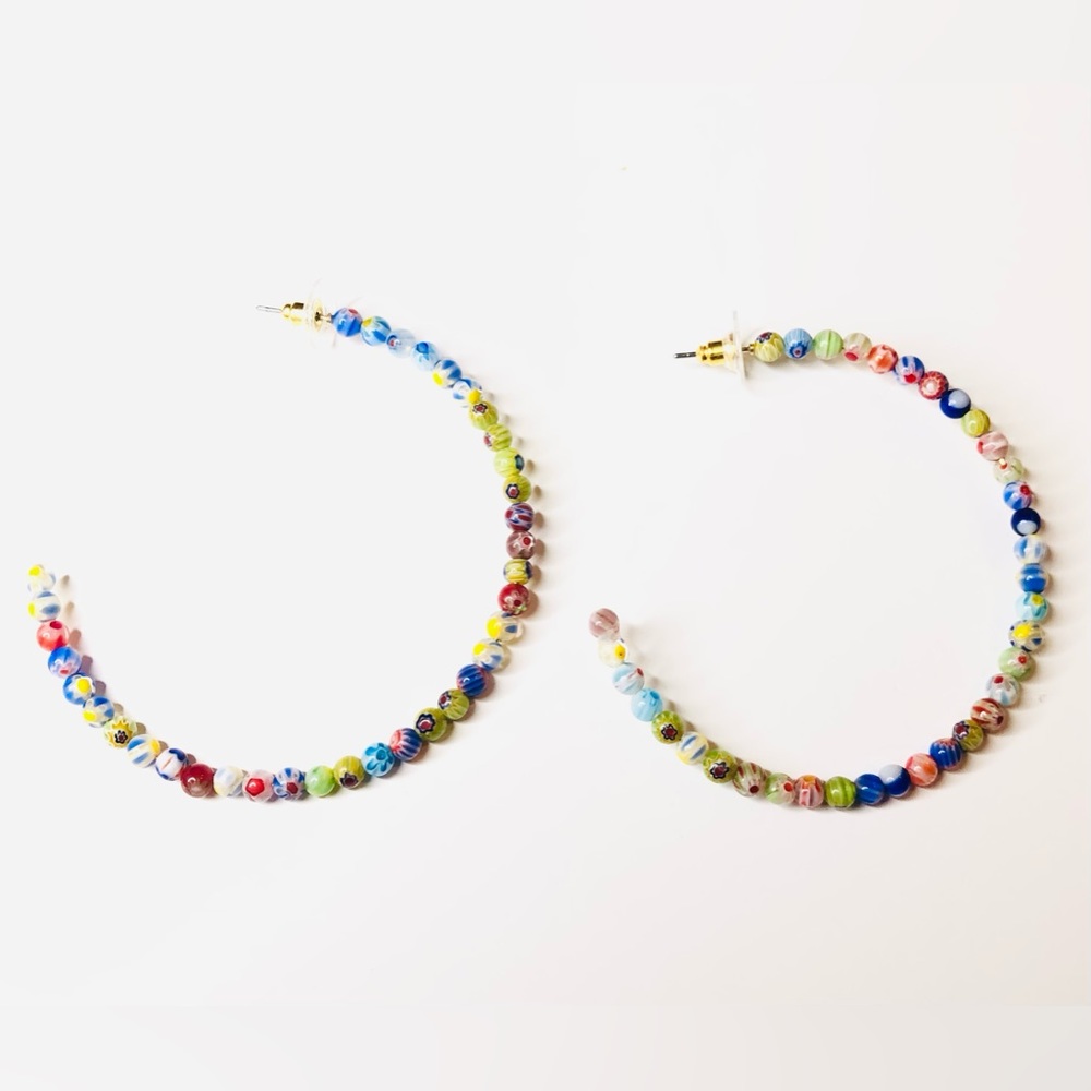 Hoop Earrings Beaded Thin 2” Multi Colored Bohemian New - Picture 2 of 7
